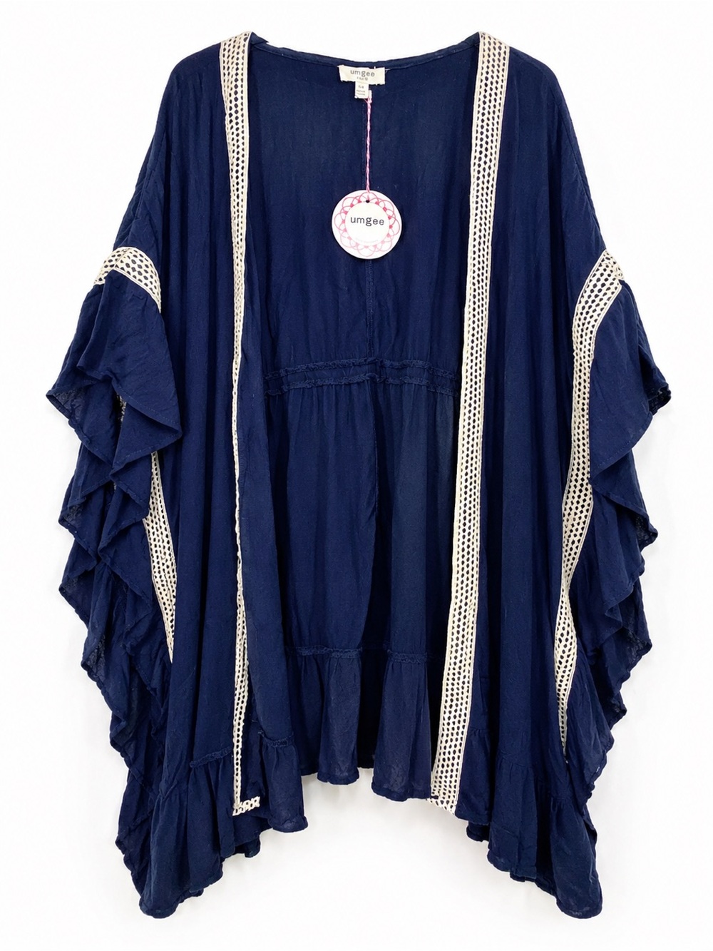 Umgee Navy Boho Crochet Trim Open Front Ruffle Kimono Cardigan NWT S/M
